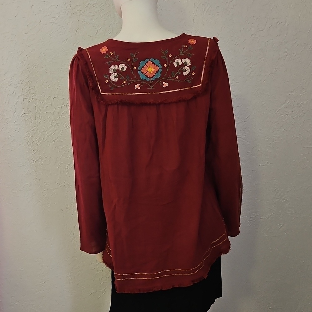 GRACE & LACE Floral Mexican Embroidered Maroon Fringe Long Sleeve Cotton Top - Picture 7 of 12